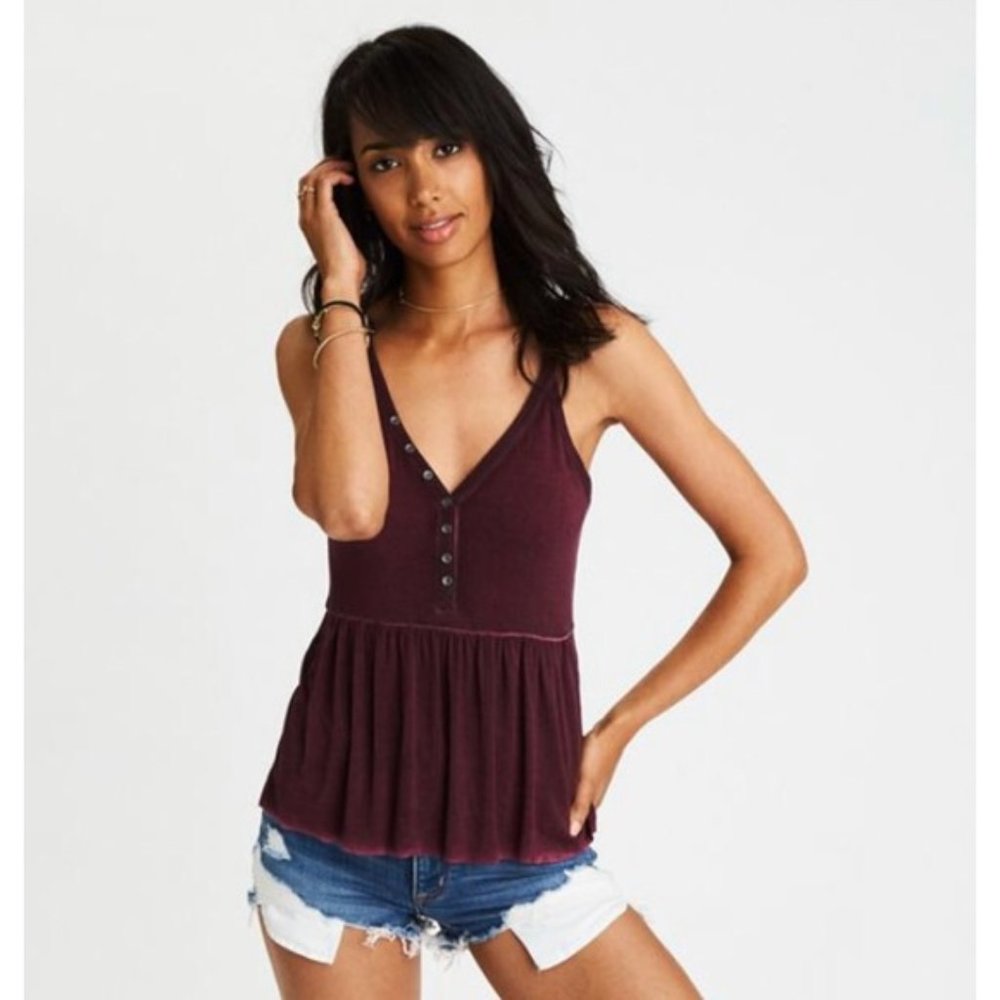 American Eagle Maroon Faux Button Front Peplum Top